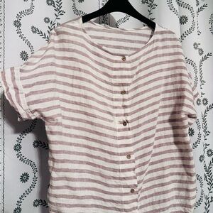 Sigrid Olsen Cream and Light Pink Striped Button-Down Top